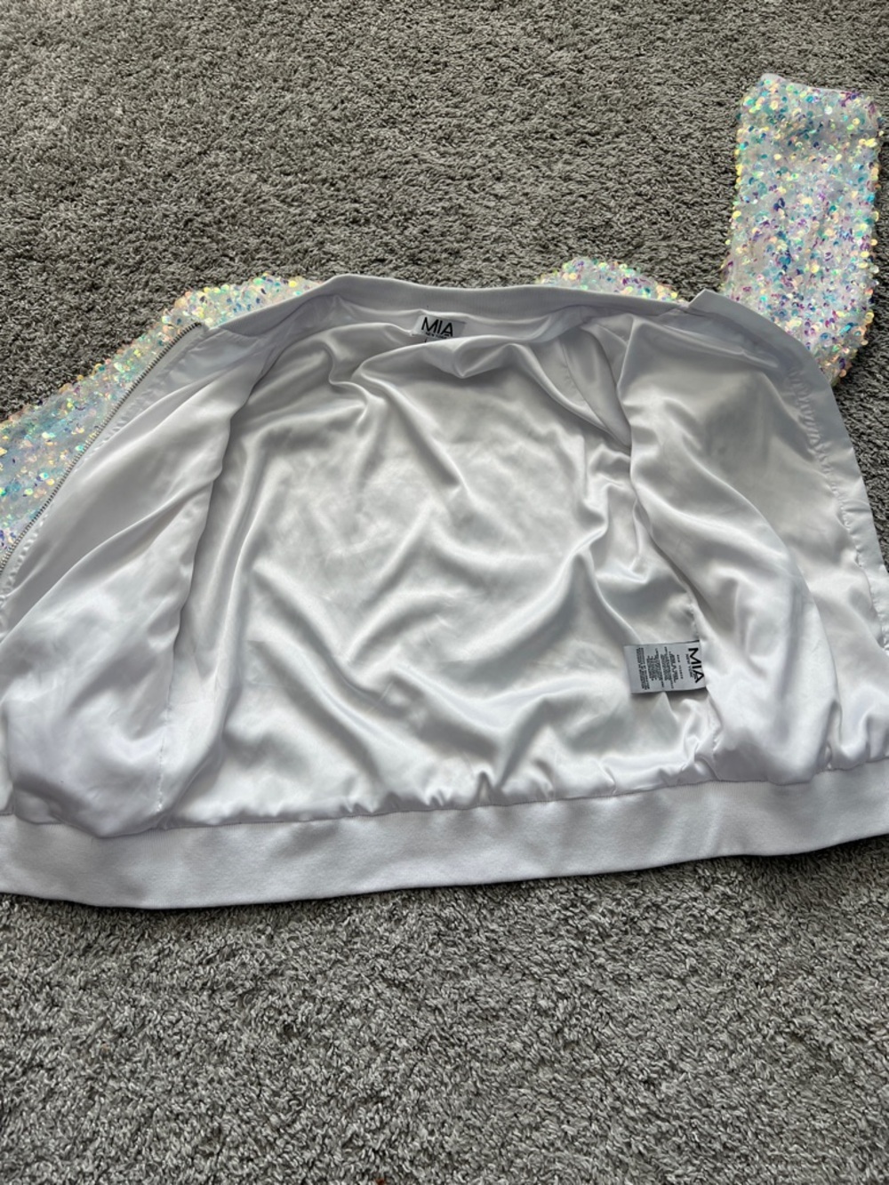 MIA New York White Holographic Iridescent Sequin Sparkle Bomber Jacket - Size L - Picture 8 of 11